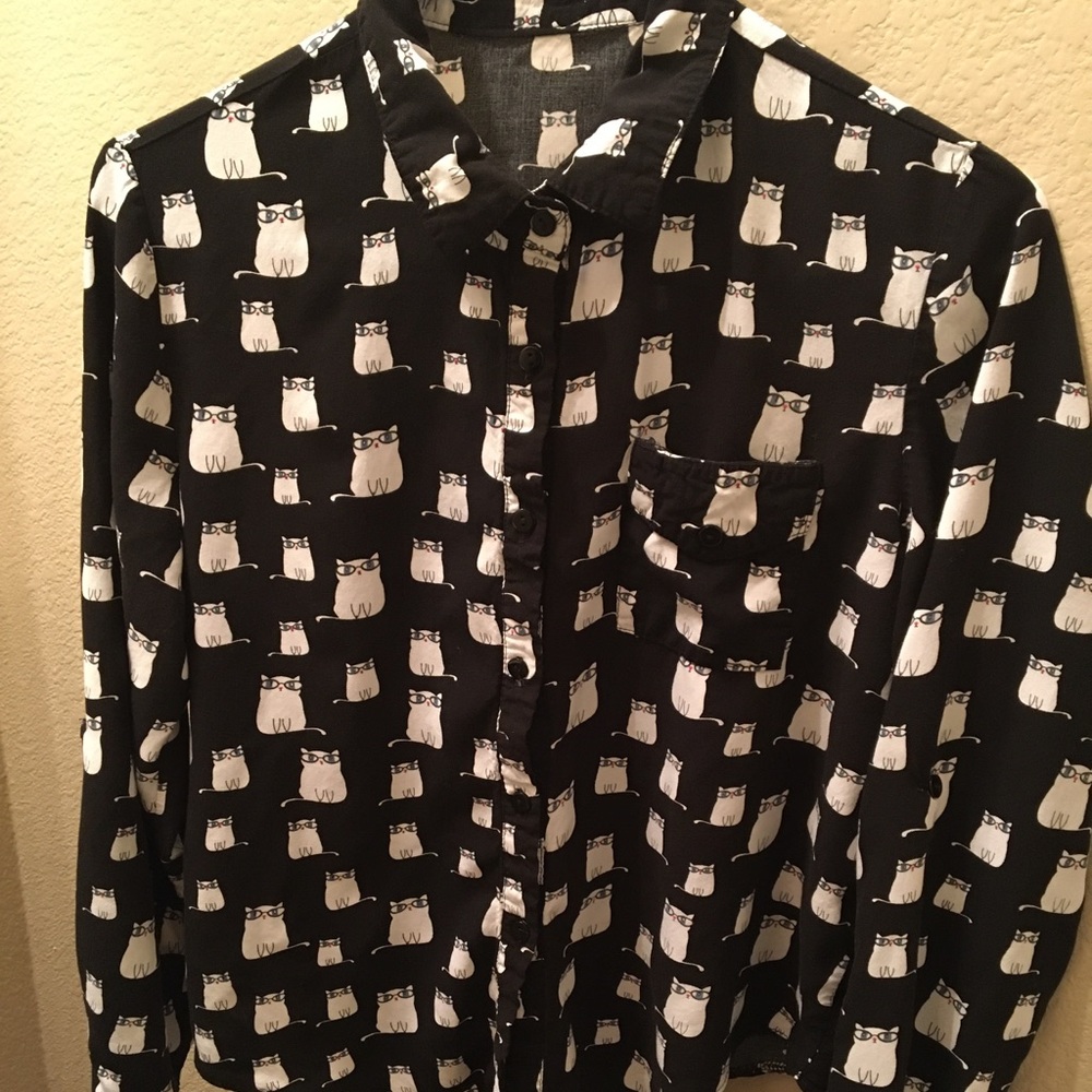 Dress Blouse Black White Cat Long Sleeve